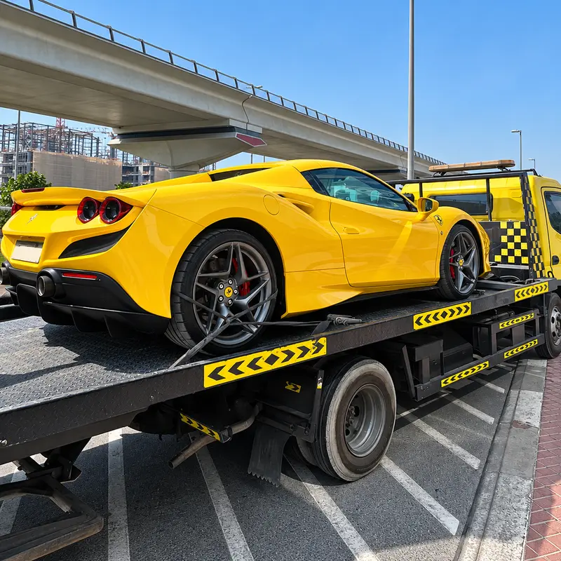 Yellow Ferrari collected by flatbed transport after purchase in Japan